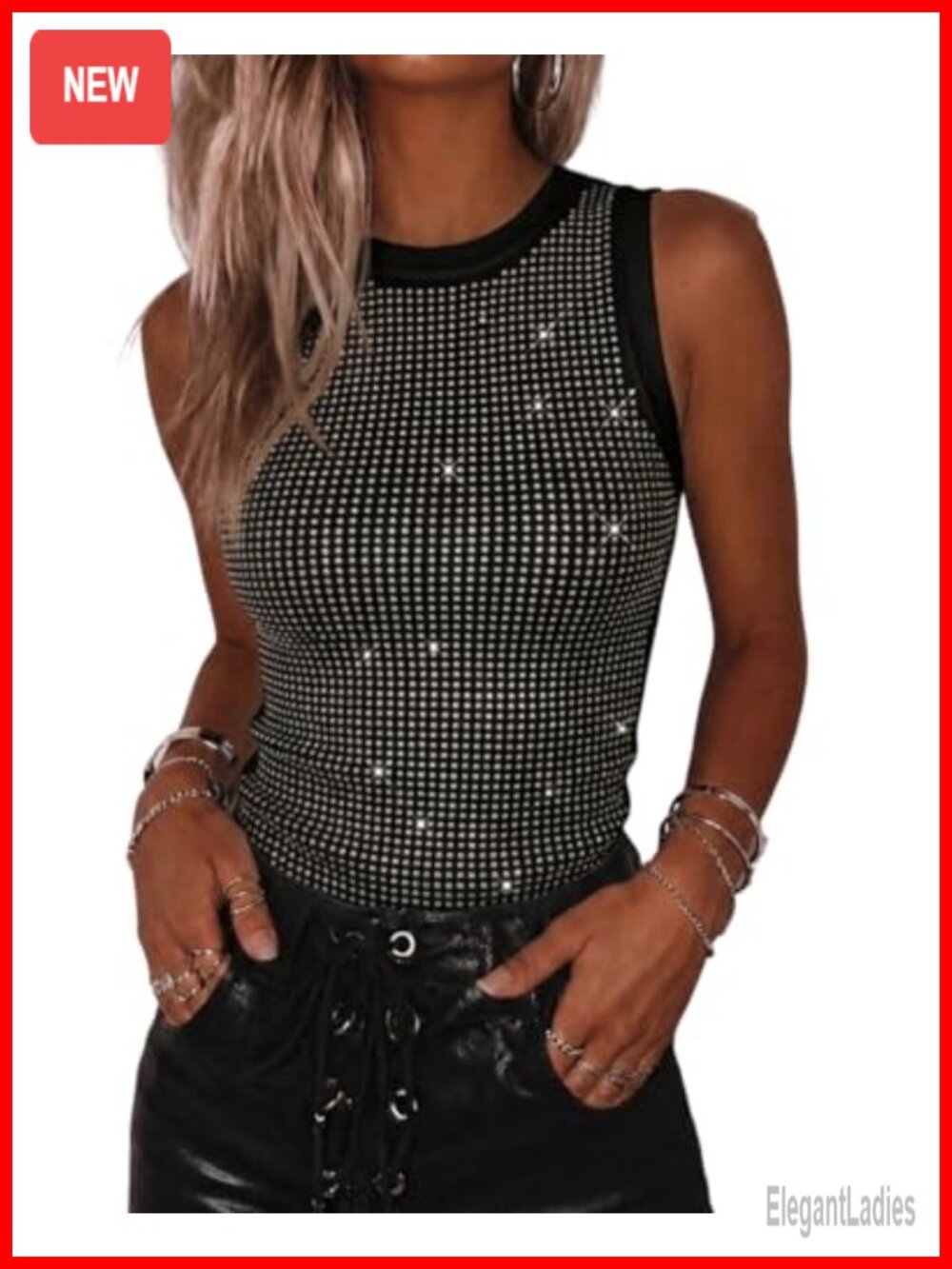 Rhinestone Tank Top Sparkly Ribbed Sleeveless Going Out Top